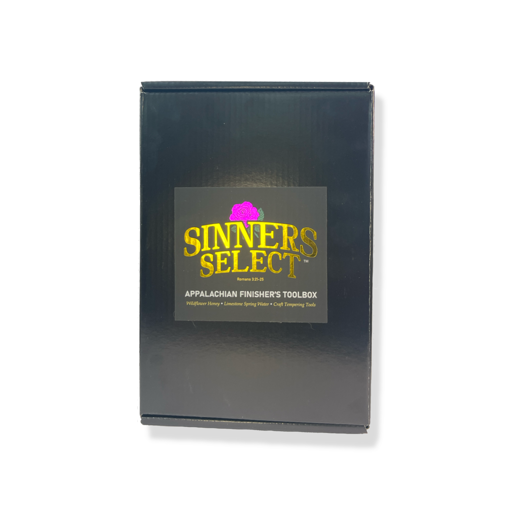 Black box with 'Sinners Select' logo on a white background